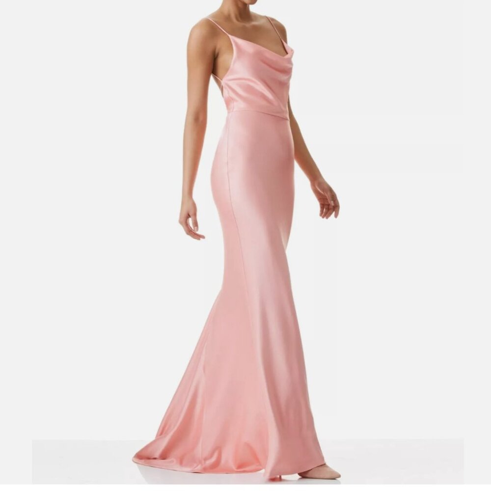 Alice + Olivia Pink Montana Cowl-Neck Strappy-Back Maxi Gown – Satin Finish
